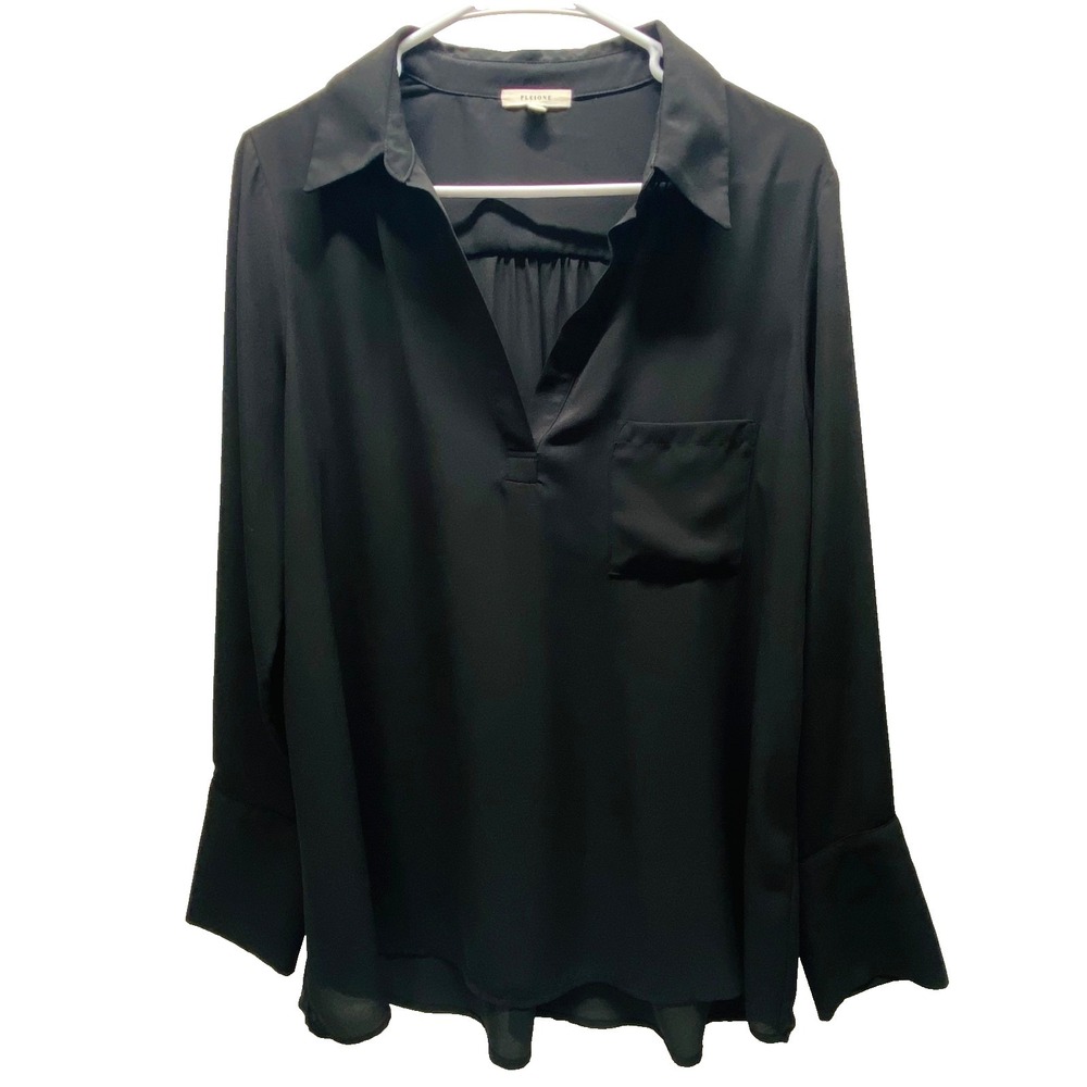 Pleione Blouse Women's Large Black Lightweight Popover V-Neck French Cuff EUC